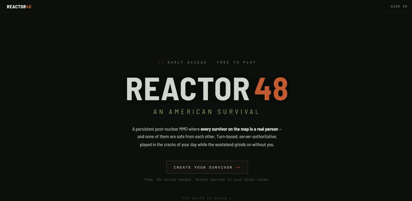 The Reactor 48 landing page — the REACTOR48 wordmark over the tagline 'An American Survival', with a call to create a survivor and a note that it takes ninety seconds to your first crime.