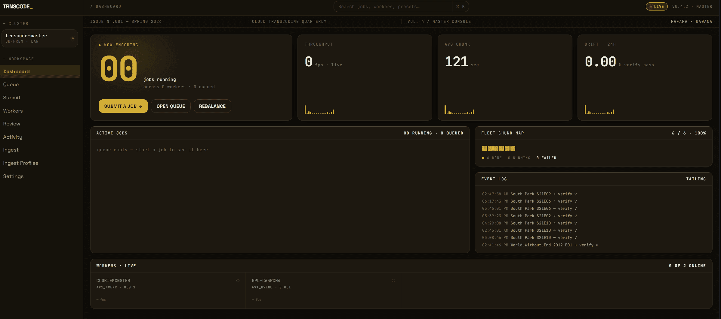 The TRNSCODE dashboard in Advanced mode — live fleet FPS, KPI cards for chunk counts and 24-hour verify pass rate, a fleet chunk map, the live event log, and a per-worker FPS strip.