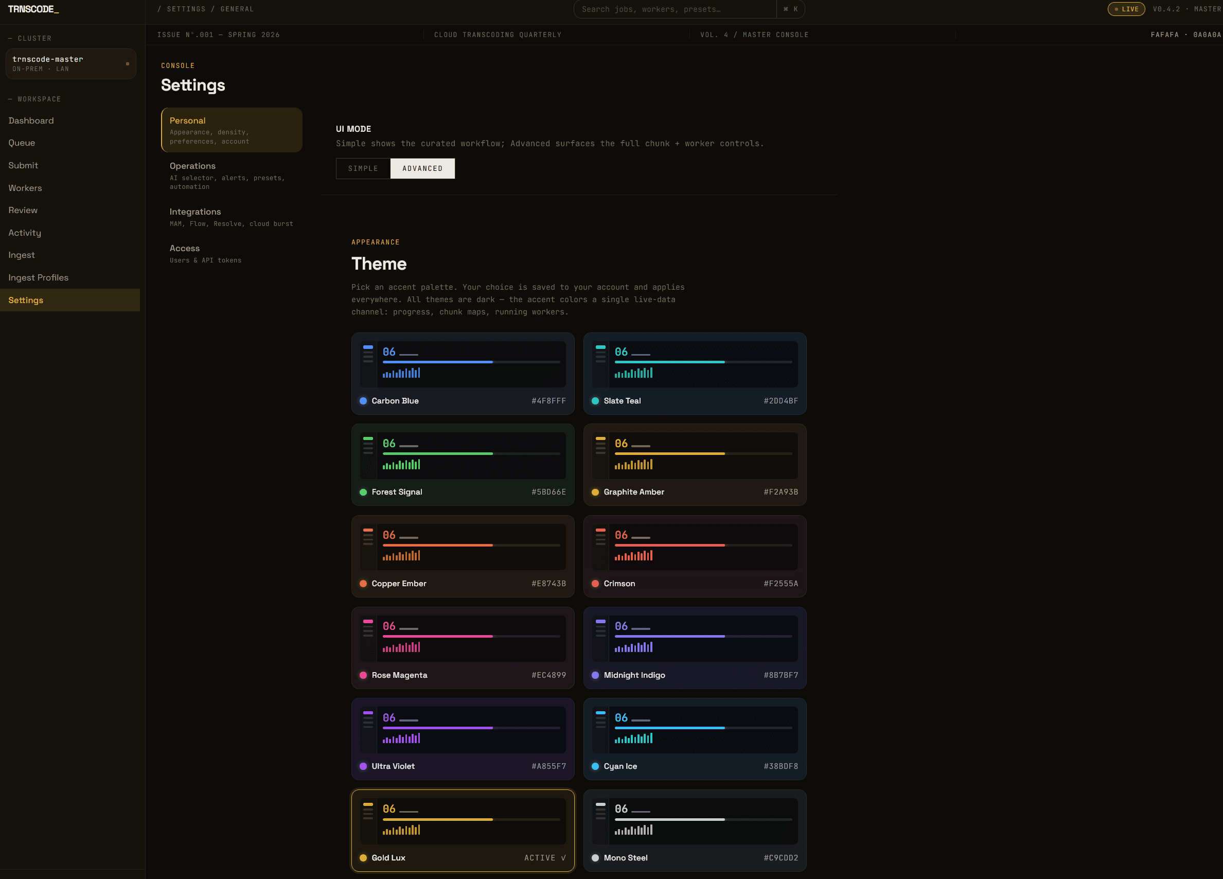 The TRNSCODE appearance settings — a catalog of thirteen accent palettes, each previewed as a live card, with the per-account theme highlighted.